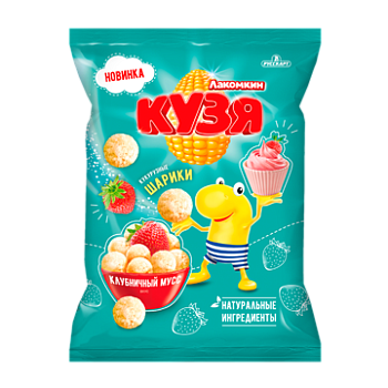РУССКАРТ Кукурузные шарики КУЗЯ ЛАКОМКИН Клубничный мусс 100гр  1*15 РУССКАРТ Кукурузные шарики КУЗЯ ЛАКОМКИН Клубничный мусс 100гр  1*15