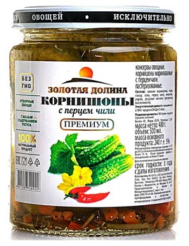 ЗОЛОТАЯ ДОЛИНА Корнишоны с Перцем  500мл/480гр стекл/банка 1*12