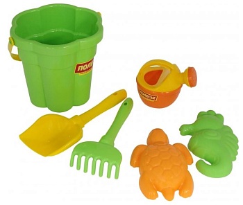 Игрушка НАБОР ДЛЯ ПЕСОЧНИЦЫ №309 Ведро, лопатка, грабельки, формочки черепаха+морской конек, лейка м