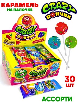 КАНДИ-КЛАБ CRAZY ПОНЧИК Карамель на палочке с конфетой ассорти 10гр  12*30