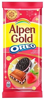 АЛПЕН ГОЛД Шоколад молочный ОРЕО клубника /кусоч.печенья 85гр  1*19